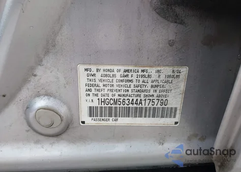 2004 Honda Accord Lx из США, поврежденный, VIN 1HGCM56344A175790